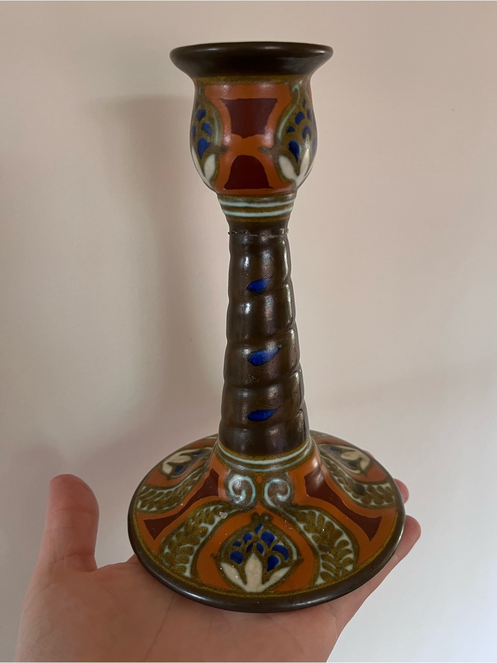 Gouda Dutch Pottery Candlestick Hand Painted 20th century 1945 Holland